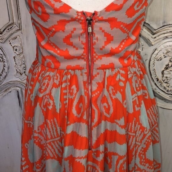 Milly of New York Orange and Beige Spaghetti Strap Waisted Fit and Flair Dress - Picture 8 of 13